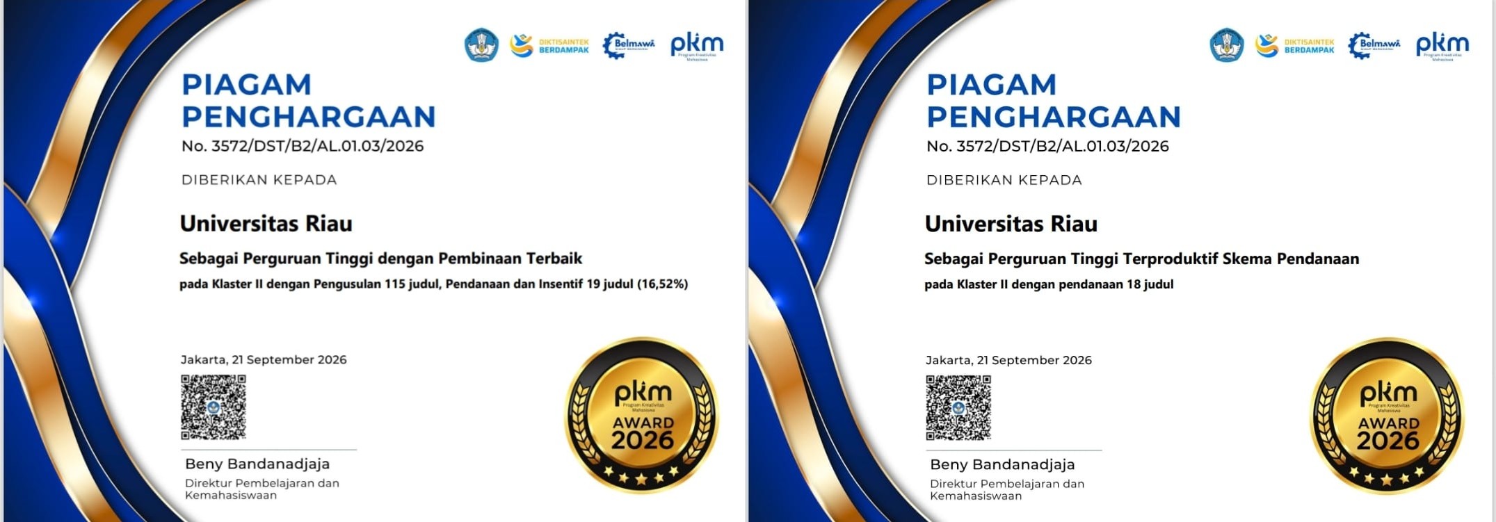 Unri Raih Penghargaan Terproduktif dan Pembinaan Terbaik PKM Award 2026